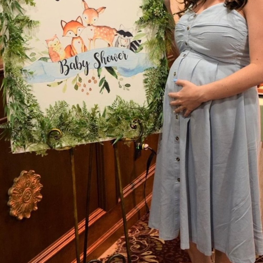 PinkBlush Maternity Light Blue Button Halter Midi Dress